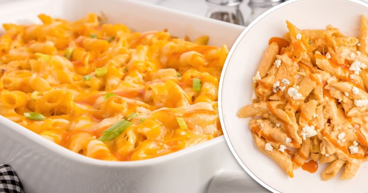 overhead shot of a plate of Buffalo Chicken Pasta topped with blue cheese