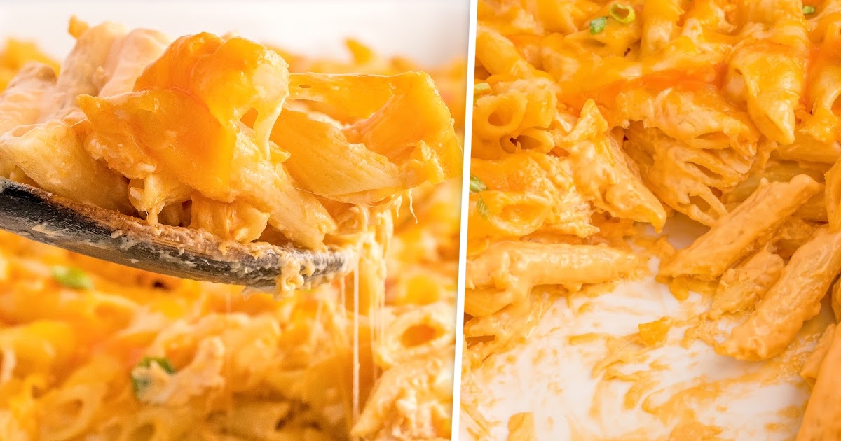 overhead shot of a plate of Buffalo Chicken Pasta topped with blue cheese