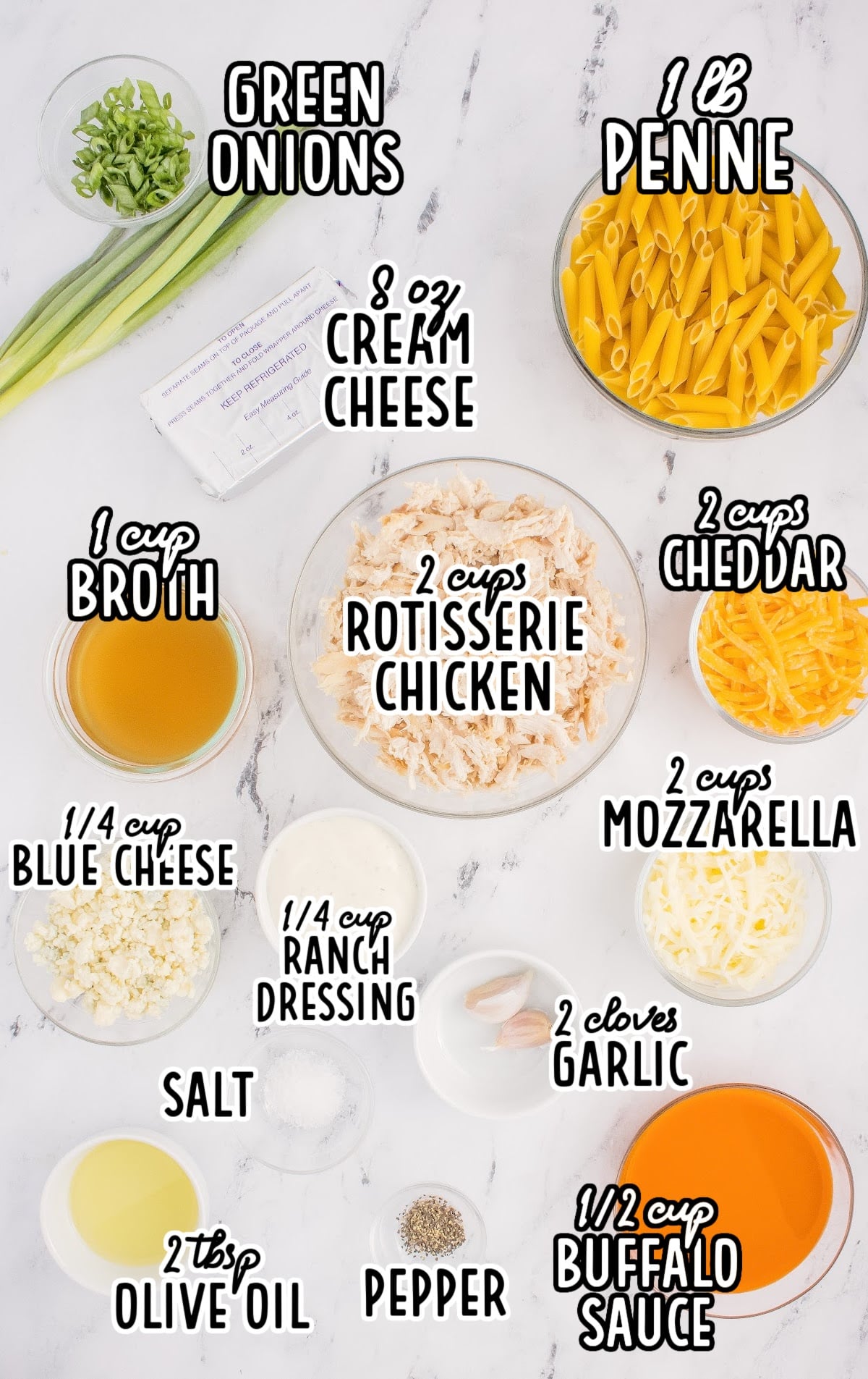 Buffalo Chicken Pasta raw ingredients that are labeled