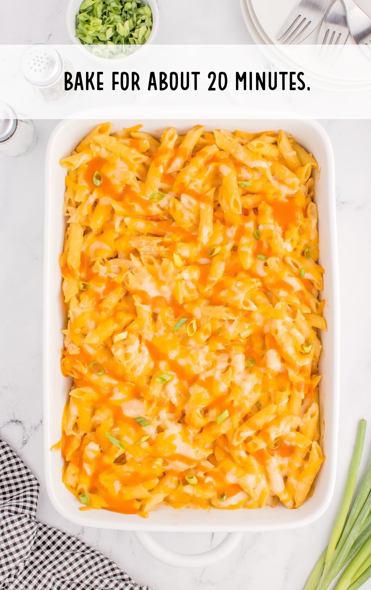 a baking dish of Buffalo Chicken Pasta