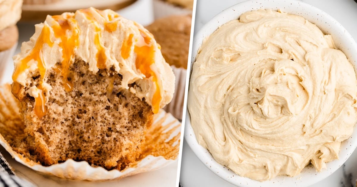 A close up shot of a cupcake topped with caramel icing