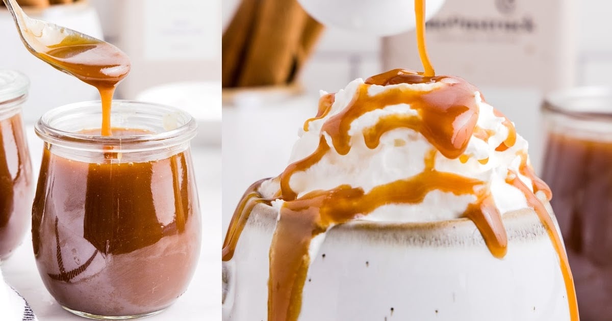 close up shot of Caramel Sauce in a jar with a spoonful of sauce being scooped out of the jar