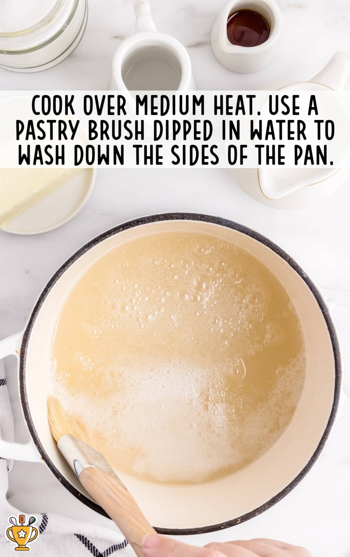 use a pastry brush dipped in water to wash down the sides