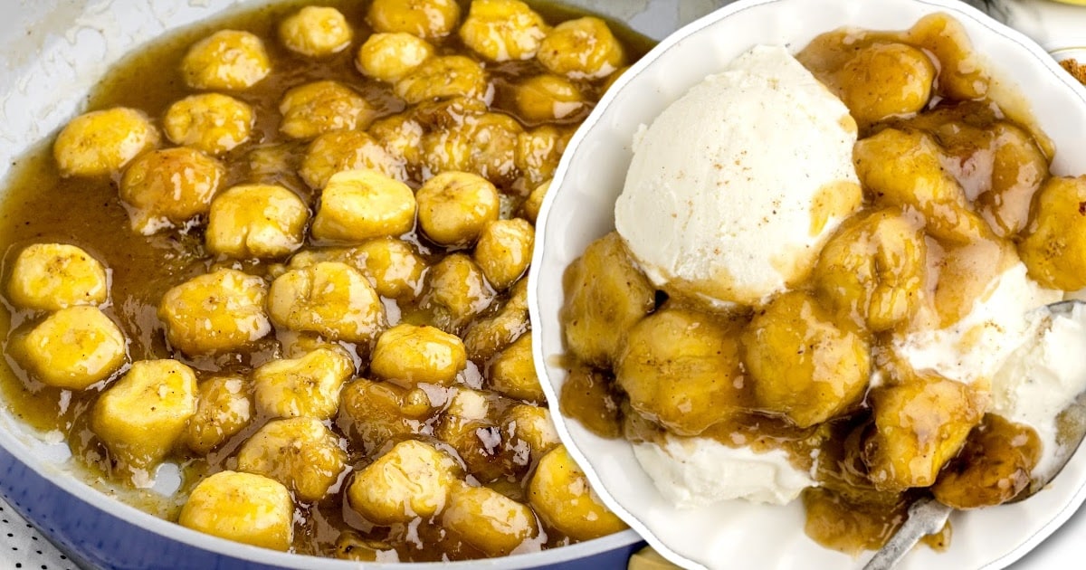 overhead shot of Caramelized Bananas with a scoop of ice cream on a plate