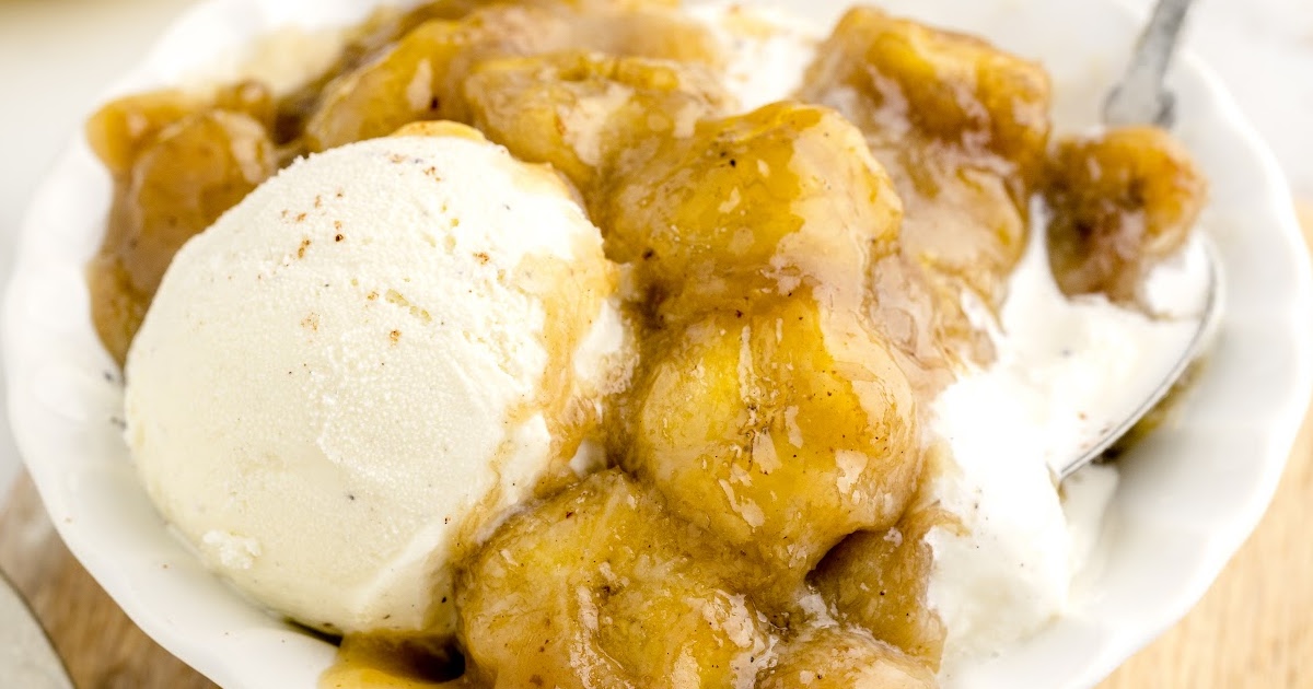 overhead shot of Caramelized Bananas with a scoop of ice cream on a plate