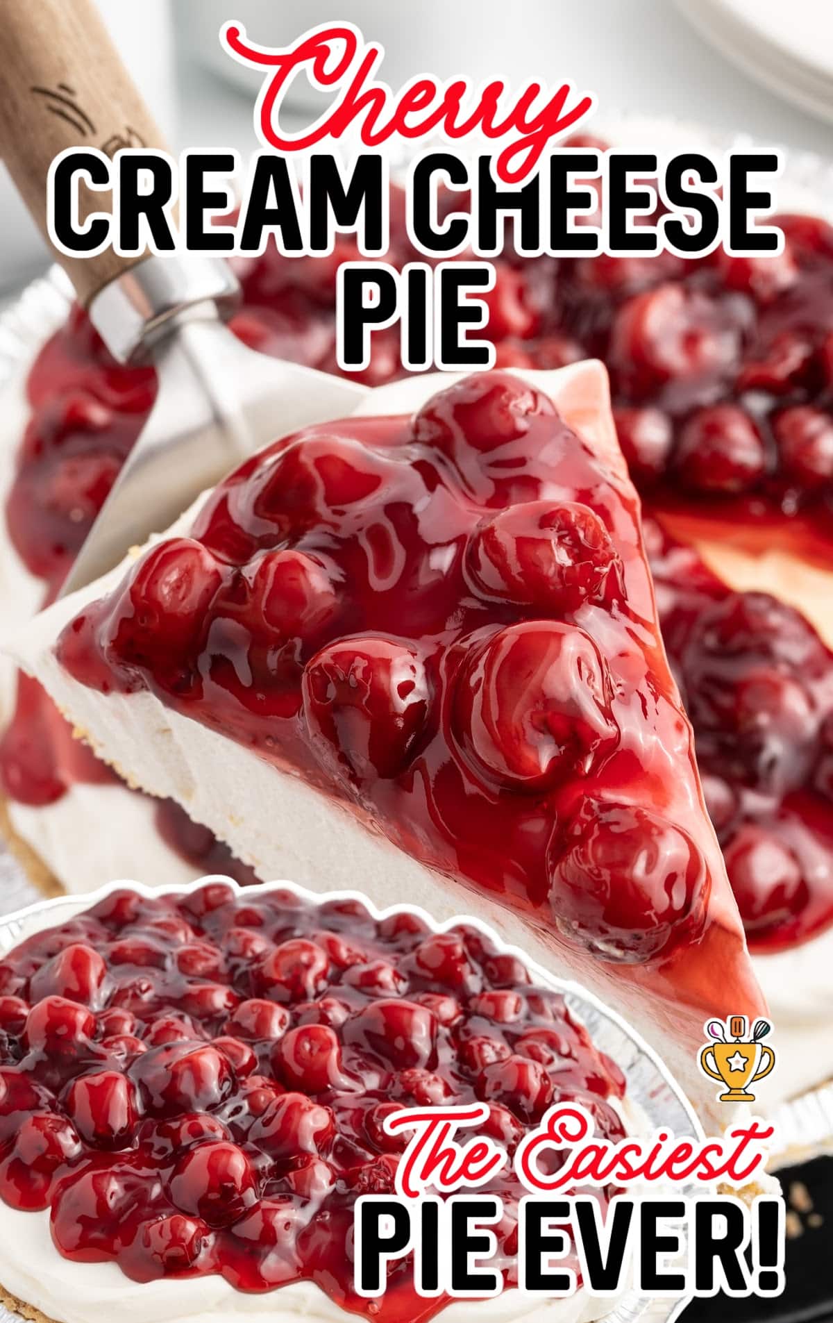 slice of cherry cream cheese pie on a plate with cherry pie filling spilling over the side