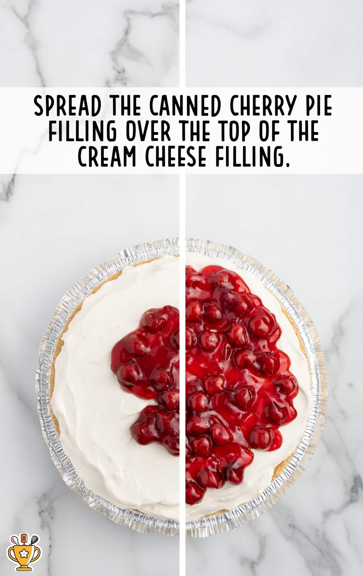 cherry pie filling on a cream cheese pie in a graham cracker crust