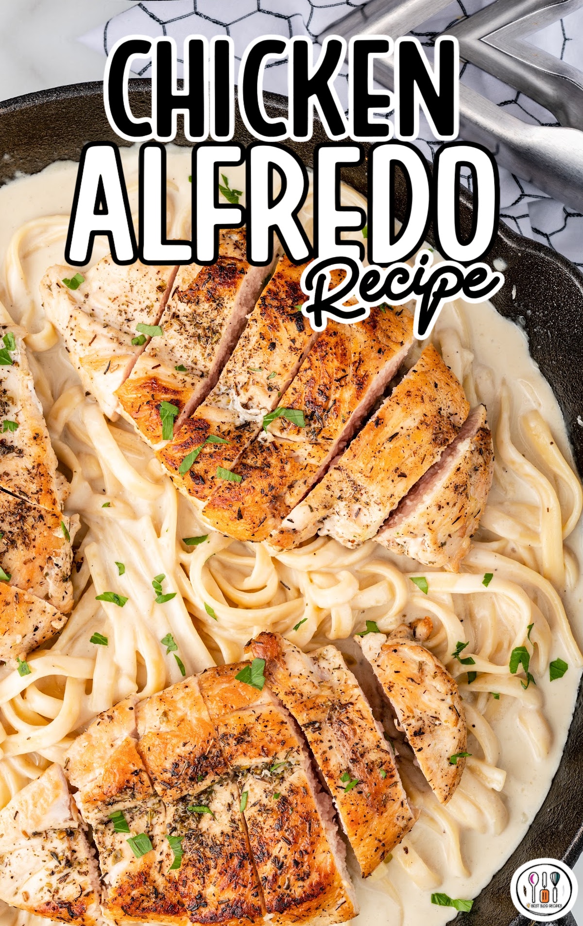 overhead shot of Chicken Alfredo Recipe on a skillet