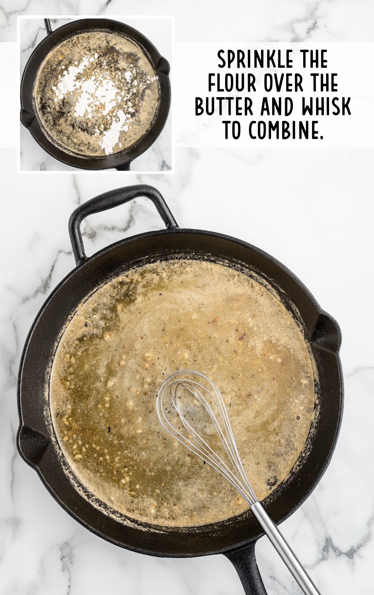 flour sprinkled over the butter in the skillet