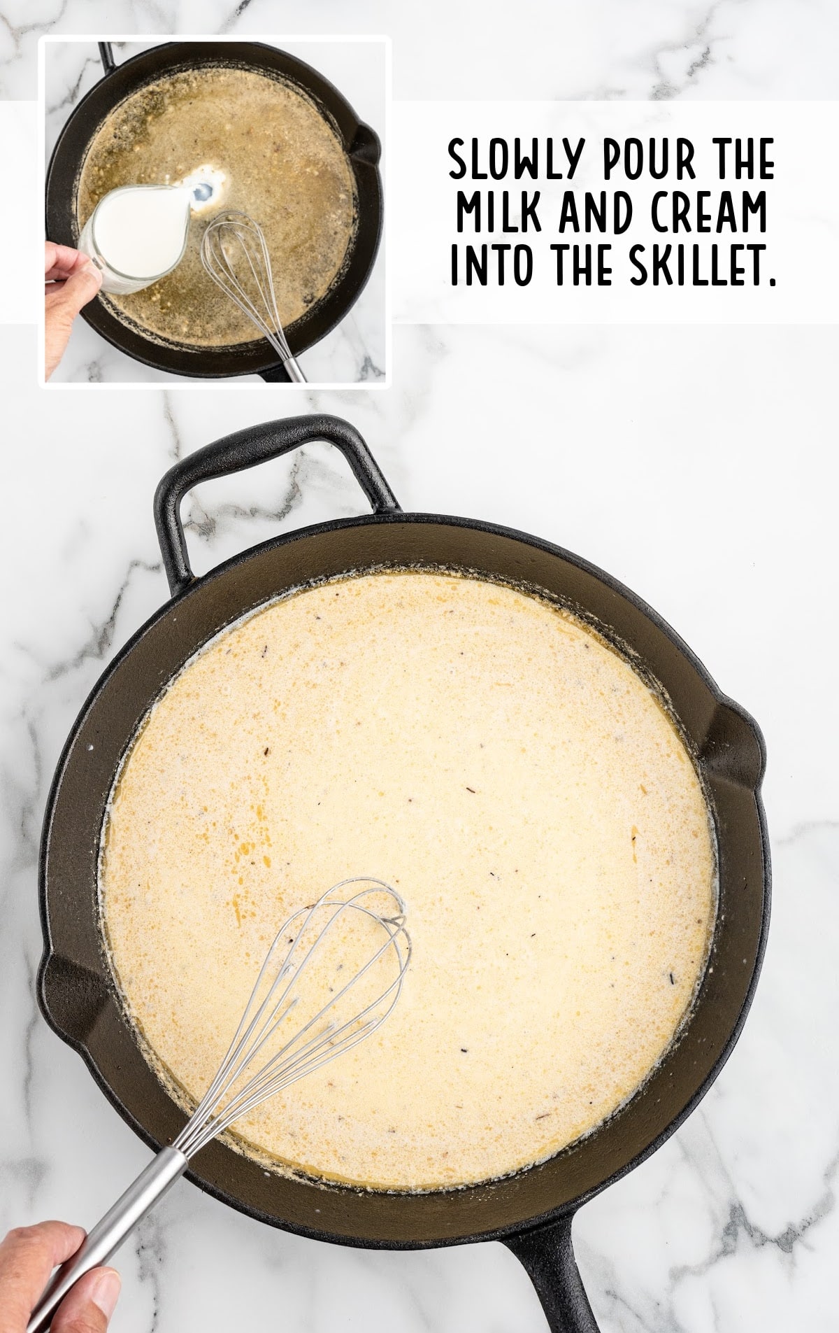 milk and cream poured into the skillet