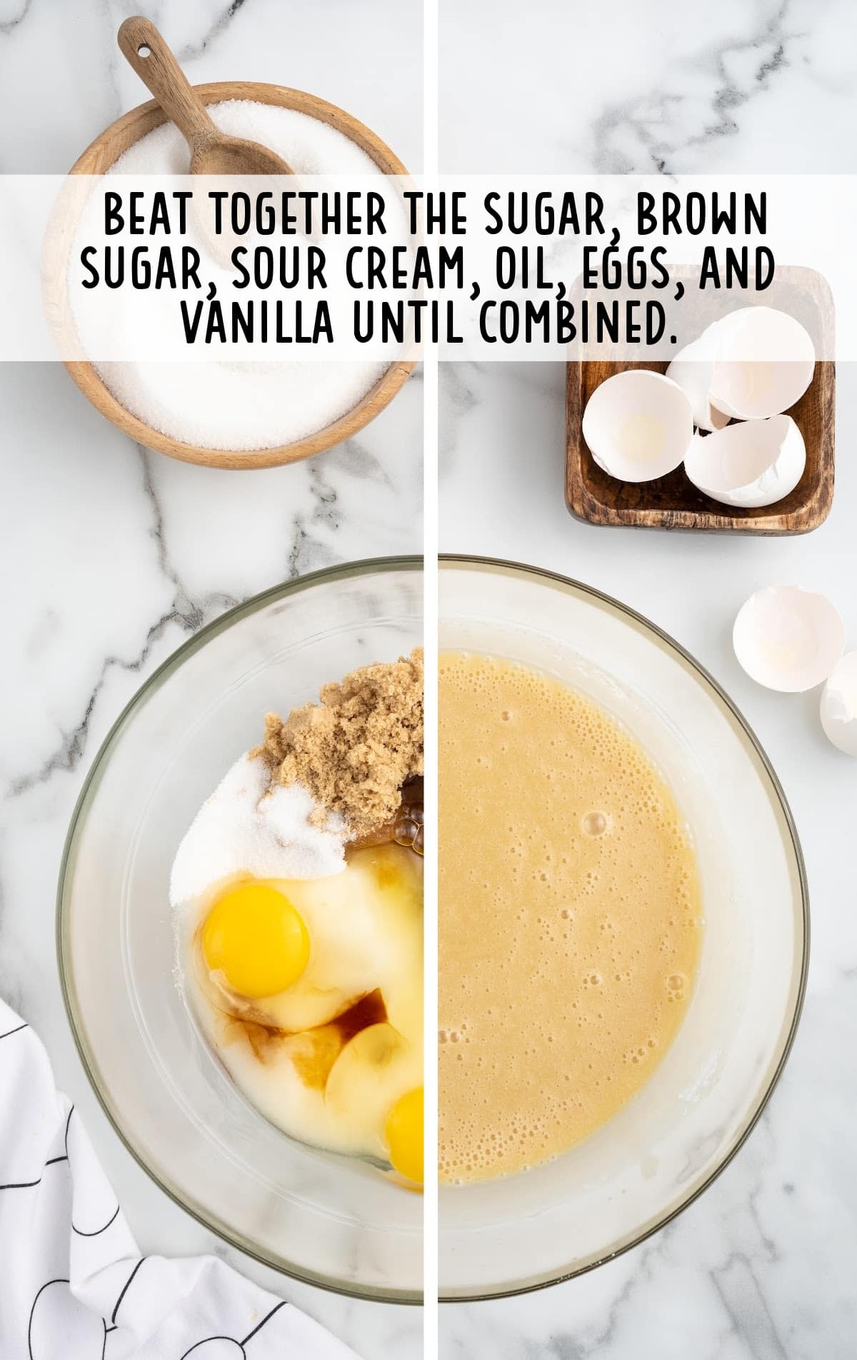 sugar, light brown sugar, sour cream, canola oil, eggs, and vanilla extract combined in a bowl