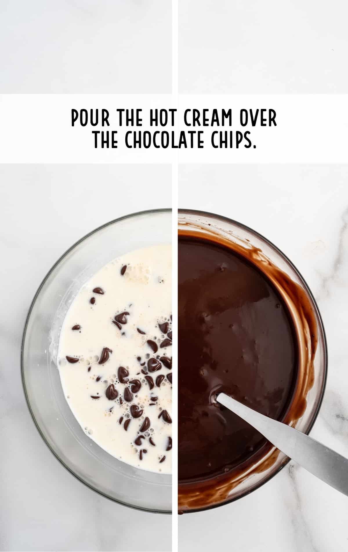 Hot cream and chocolate chips mixed in a bowl with a spoon in it