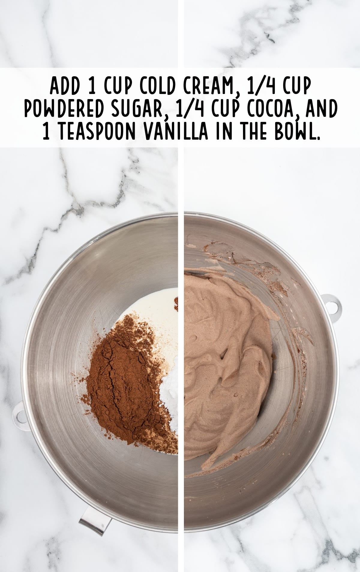 heavy cream, powdered sugar, cocoa, and vanilla combined in a bowl
