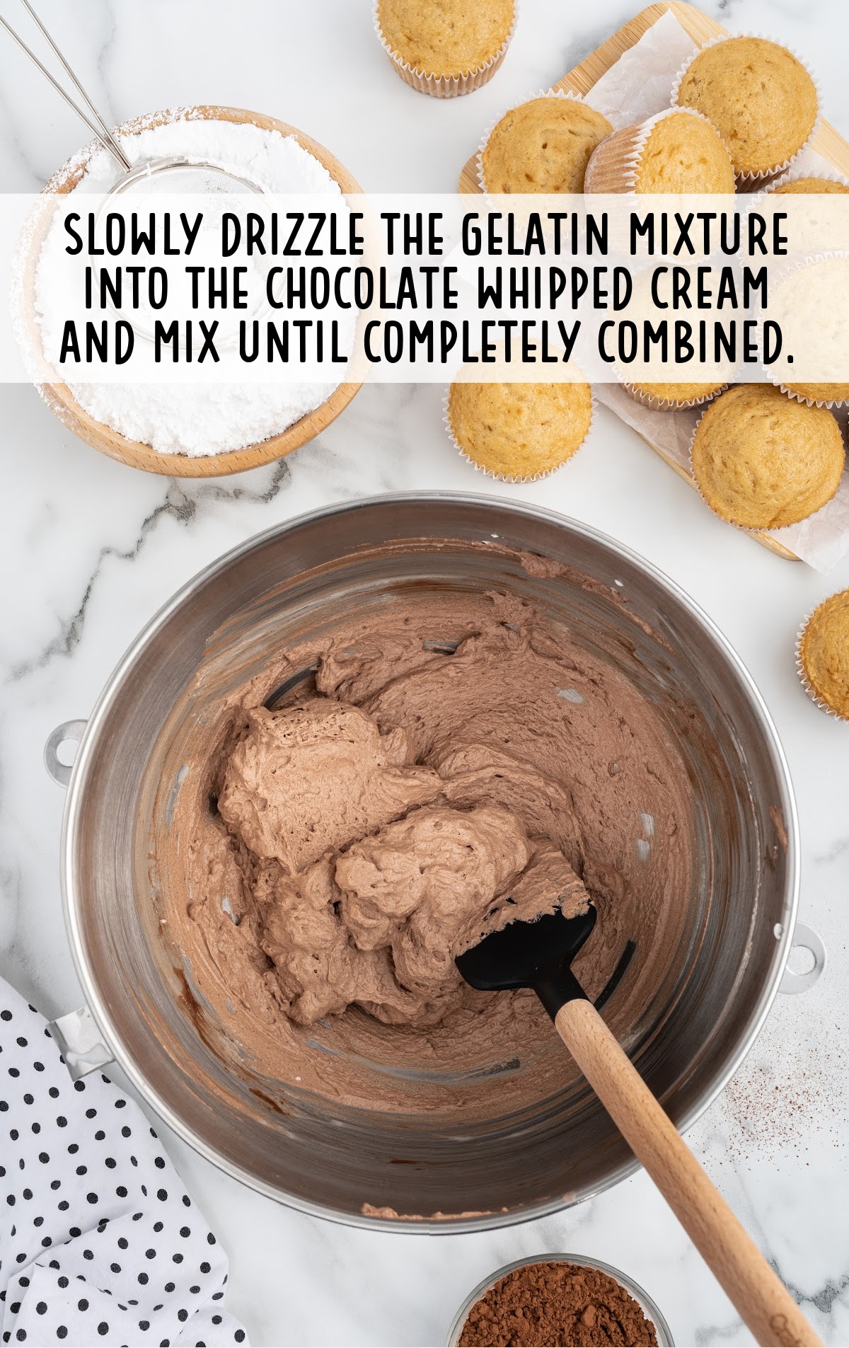 gelatin mixture combined with the chocolate whipped cream in a bowl