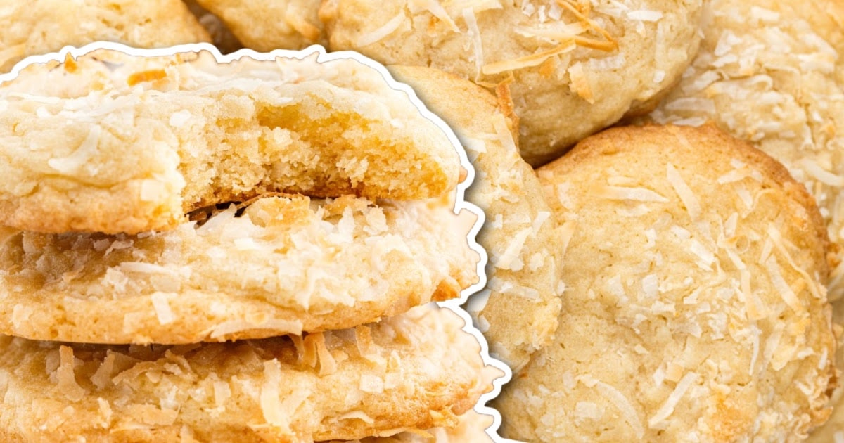 overhead shot of Coconut Cookies on top of each other on a plate