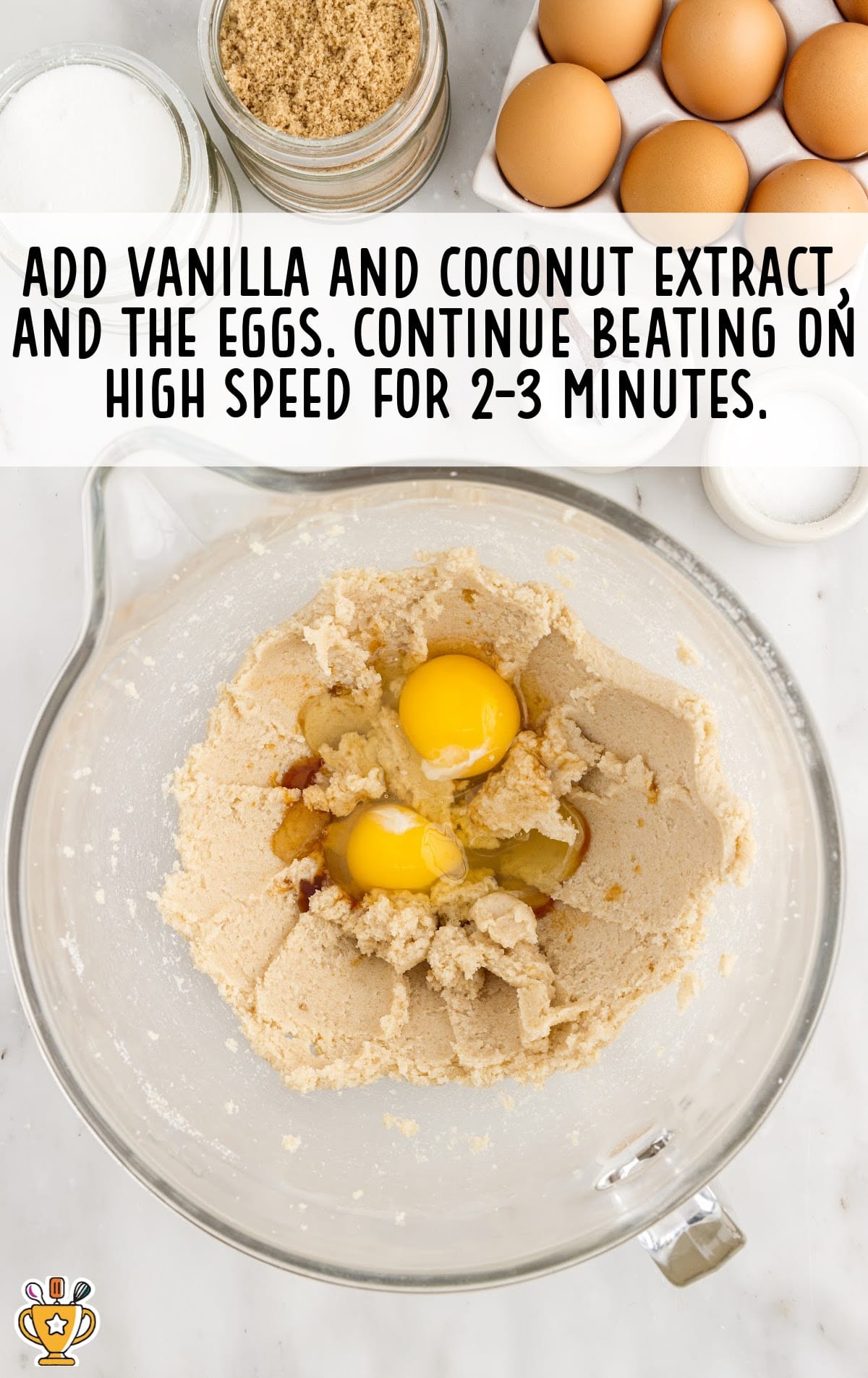 vanilla and coconut extract, and eggs combined in a measuring cup