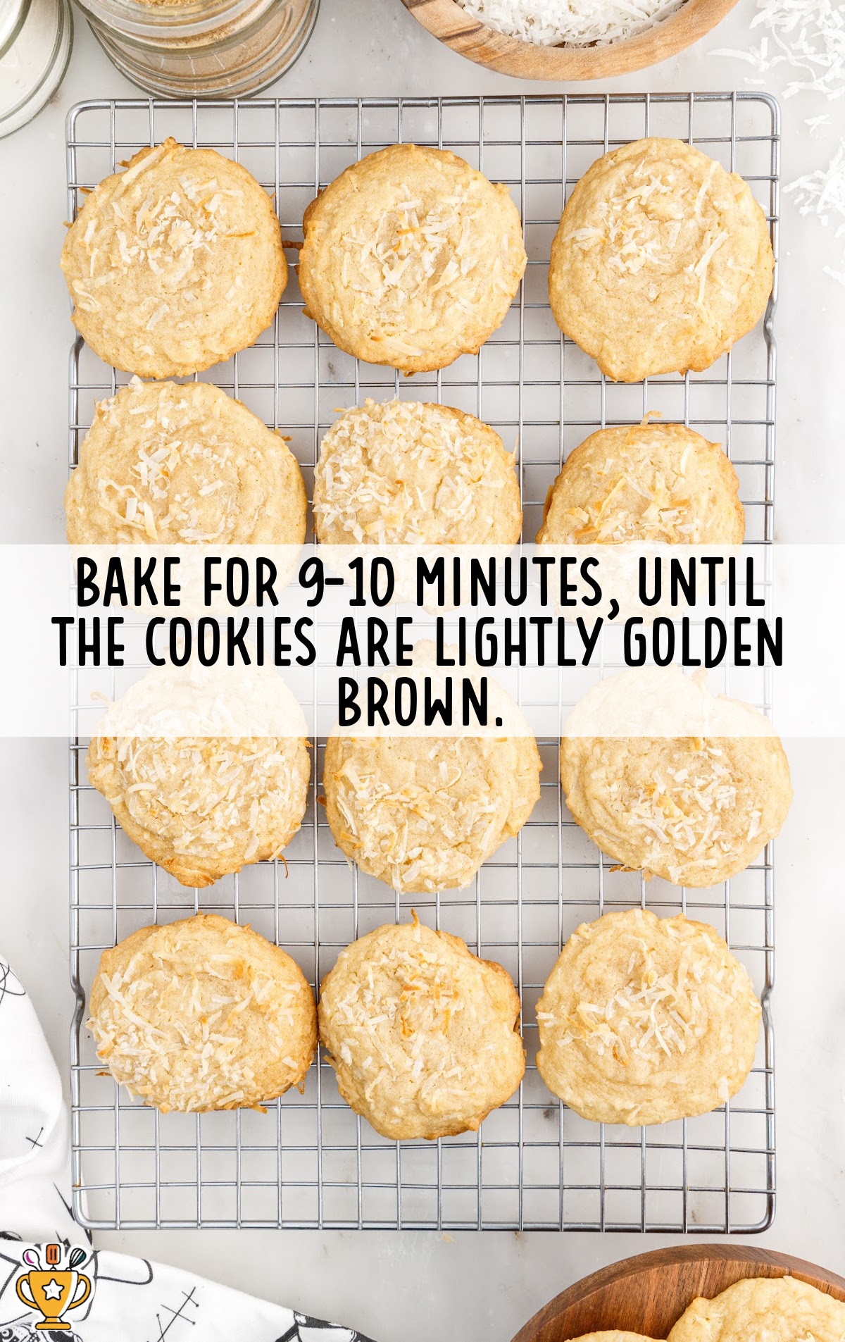 Coconut Cookies baked and placed on a cooling rack