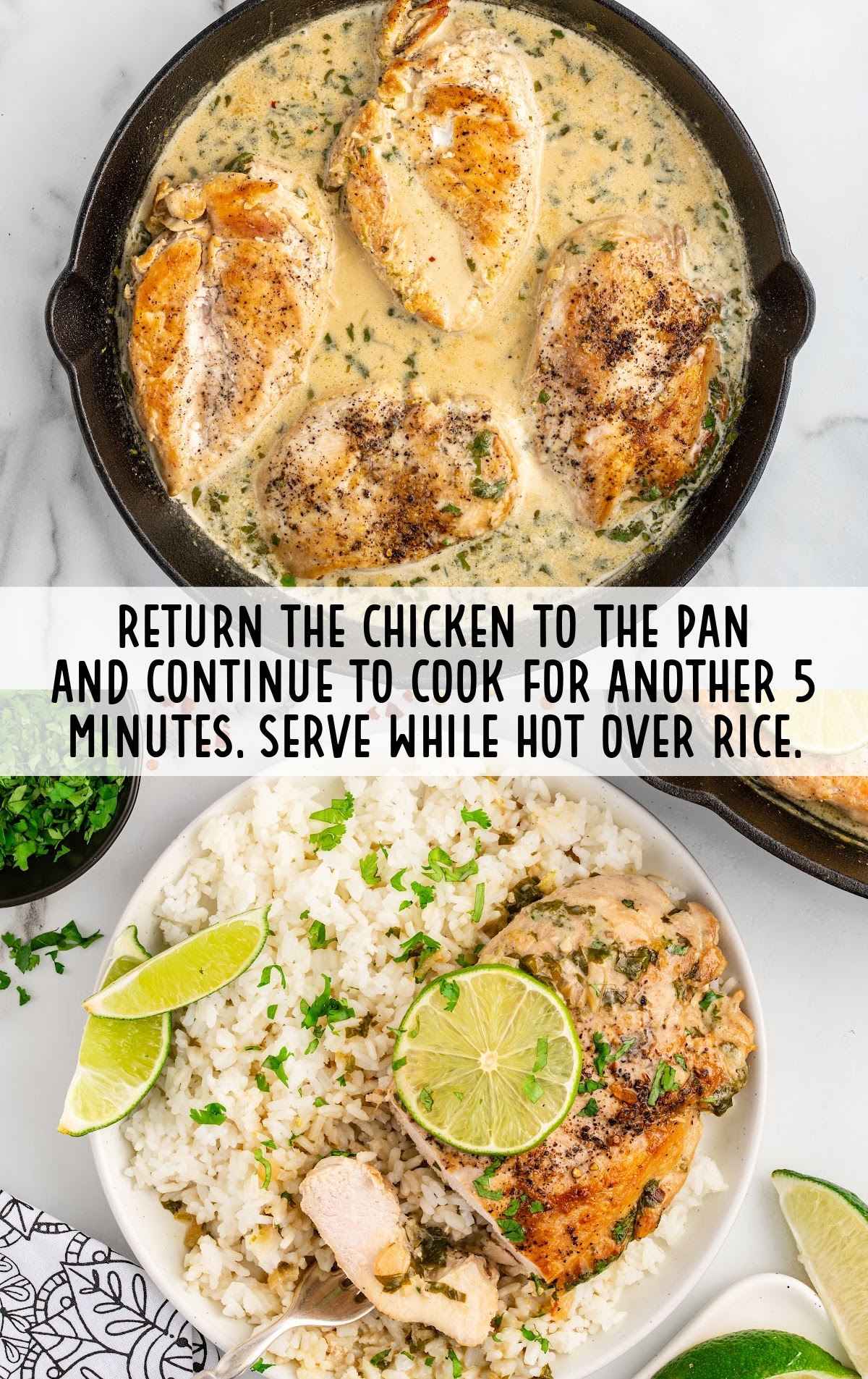 chicken served over rice in a bowl and topped with slices of lime and cilantro