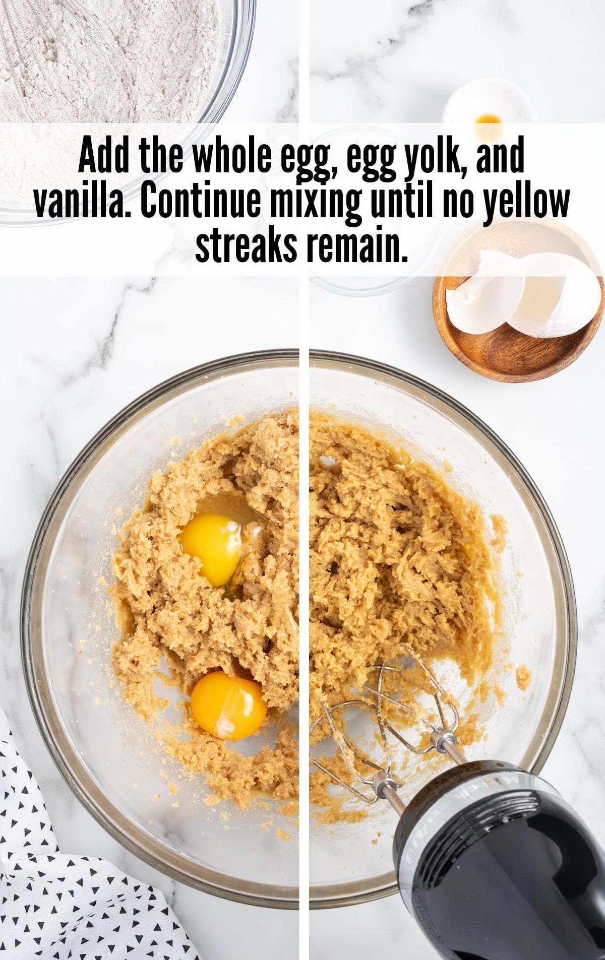 egg, egg yolk, and vanilla added to the butter mixture