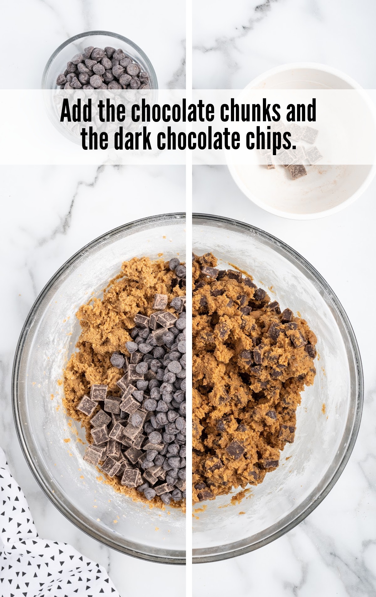 chocolate chunks and dark chocolate chips added to egg mixture