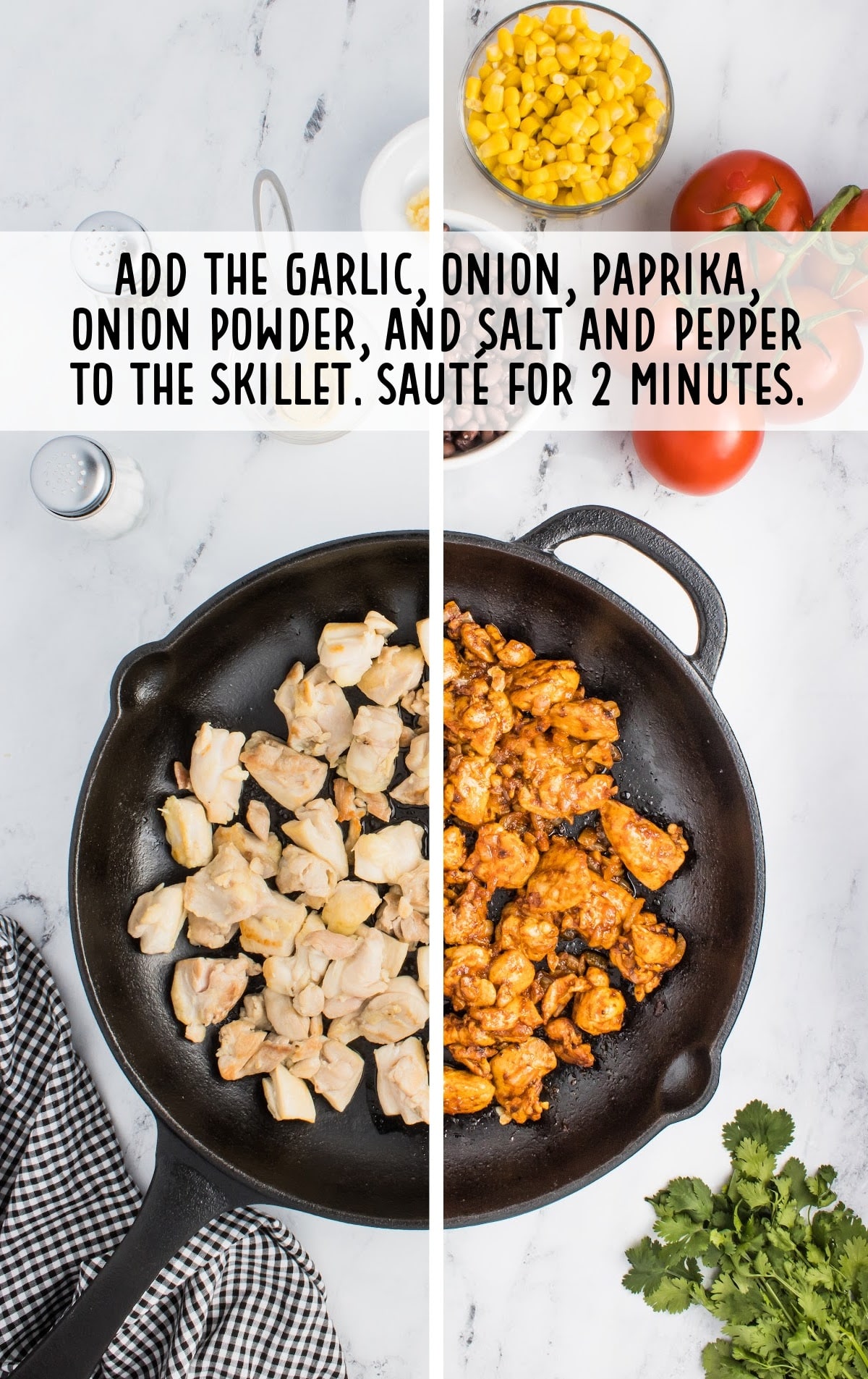 garlic, onion, paprika, onion powder, and salt and pepper added to the skillet