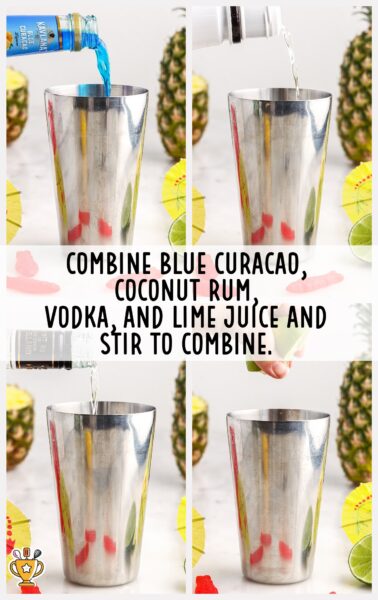 blue curacao, coconut rum, vodka, and lime juice stirred togethe