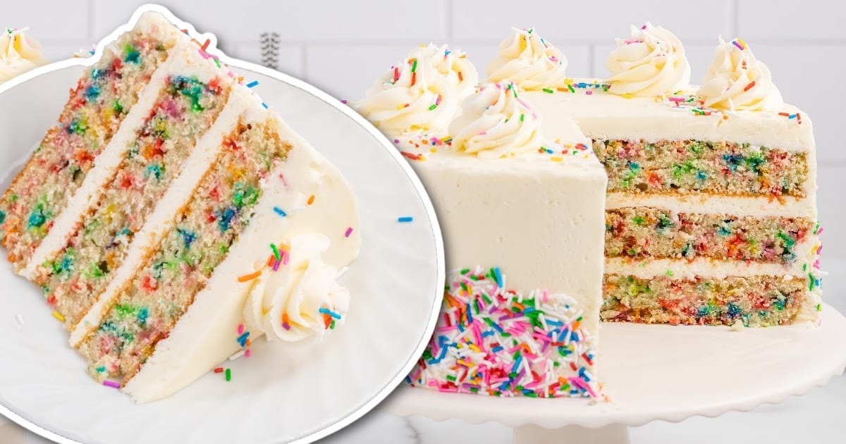 a slice of Funfetti Cake on a plate