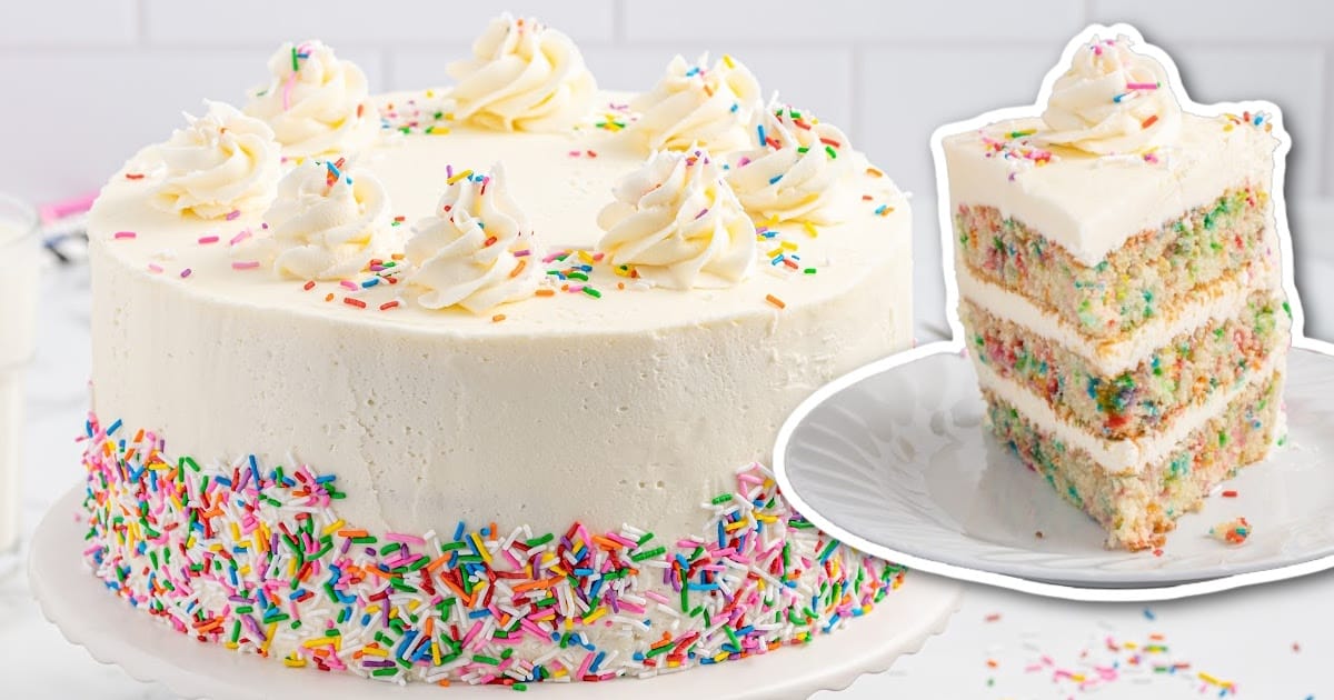 a slice of Funfetti Cake on a plate