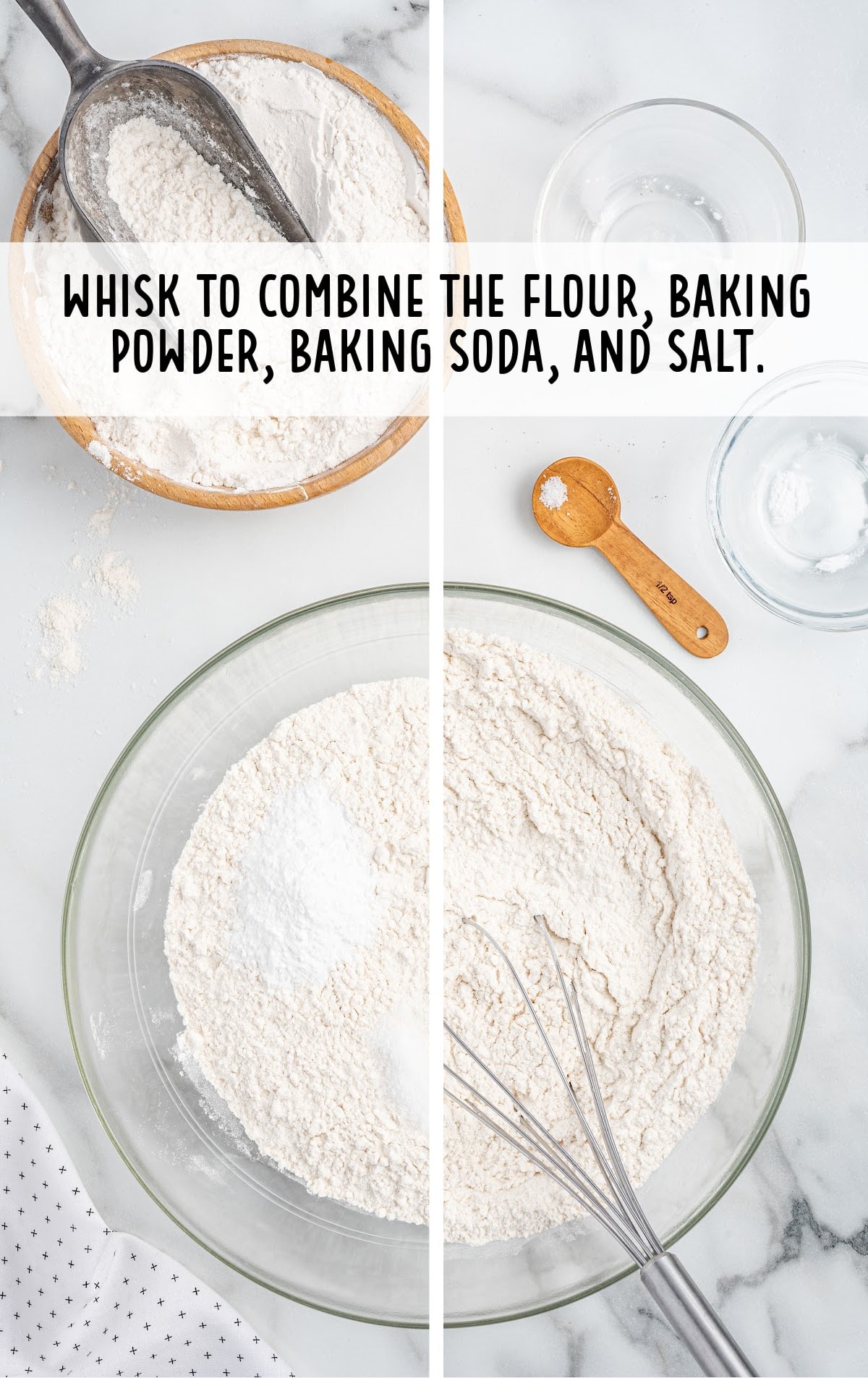 flour, baking powder, baking soda, and salt combined in a bowl