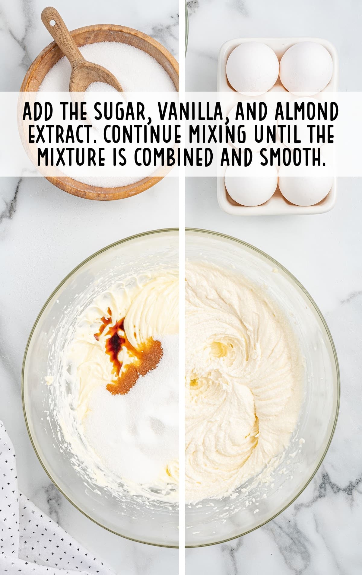 sugar, vanilla, and almond extract combined in a bowl