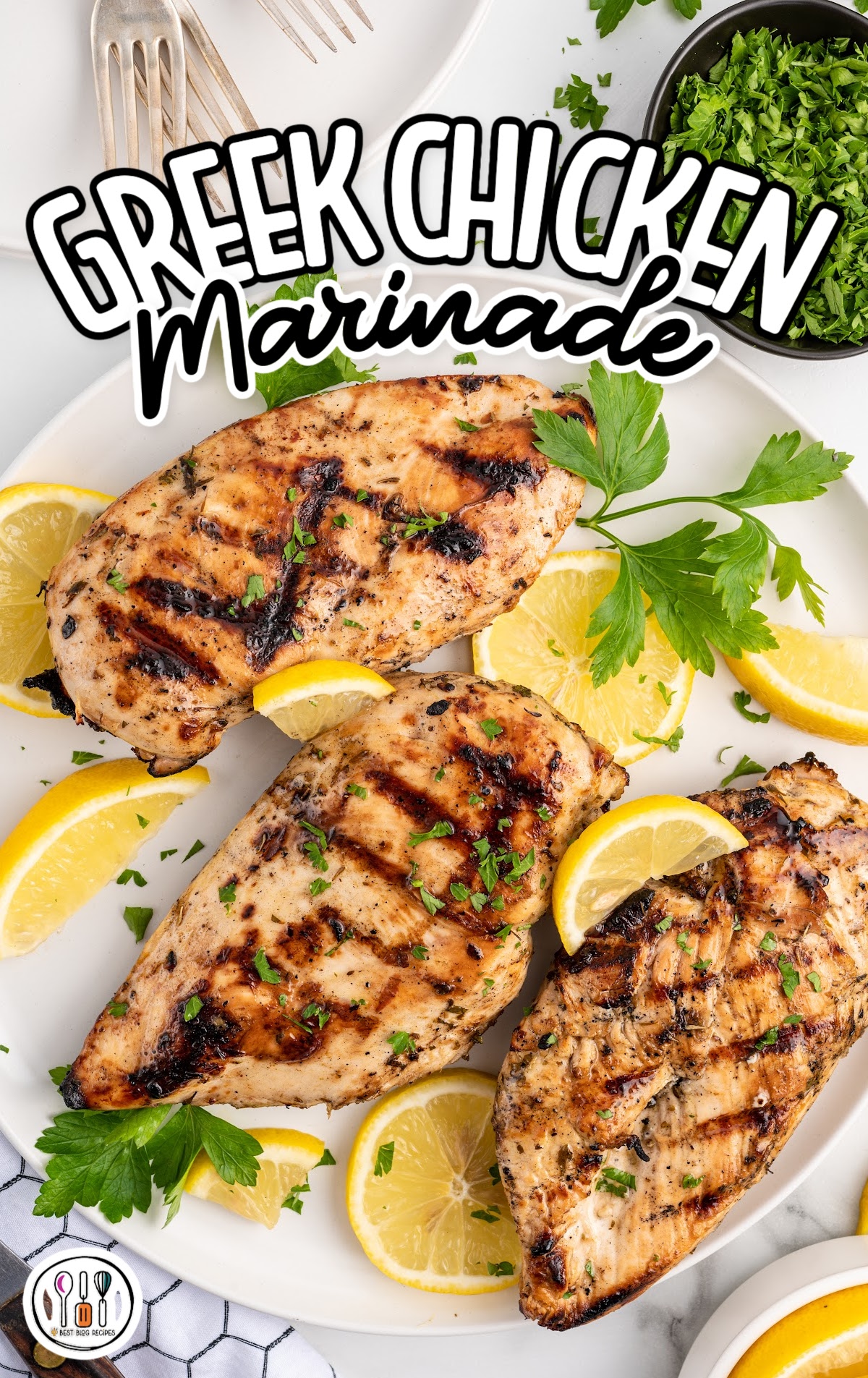 overhead shot of Greek Chicken Marinade on a plate