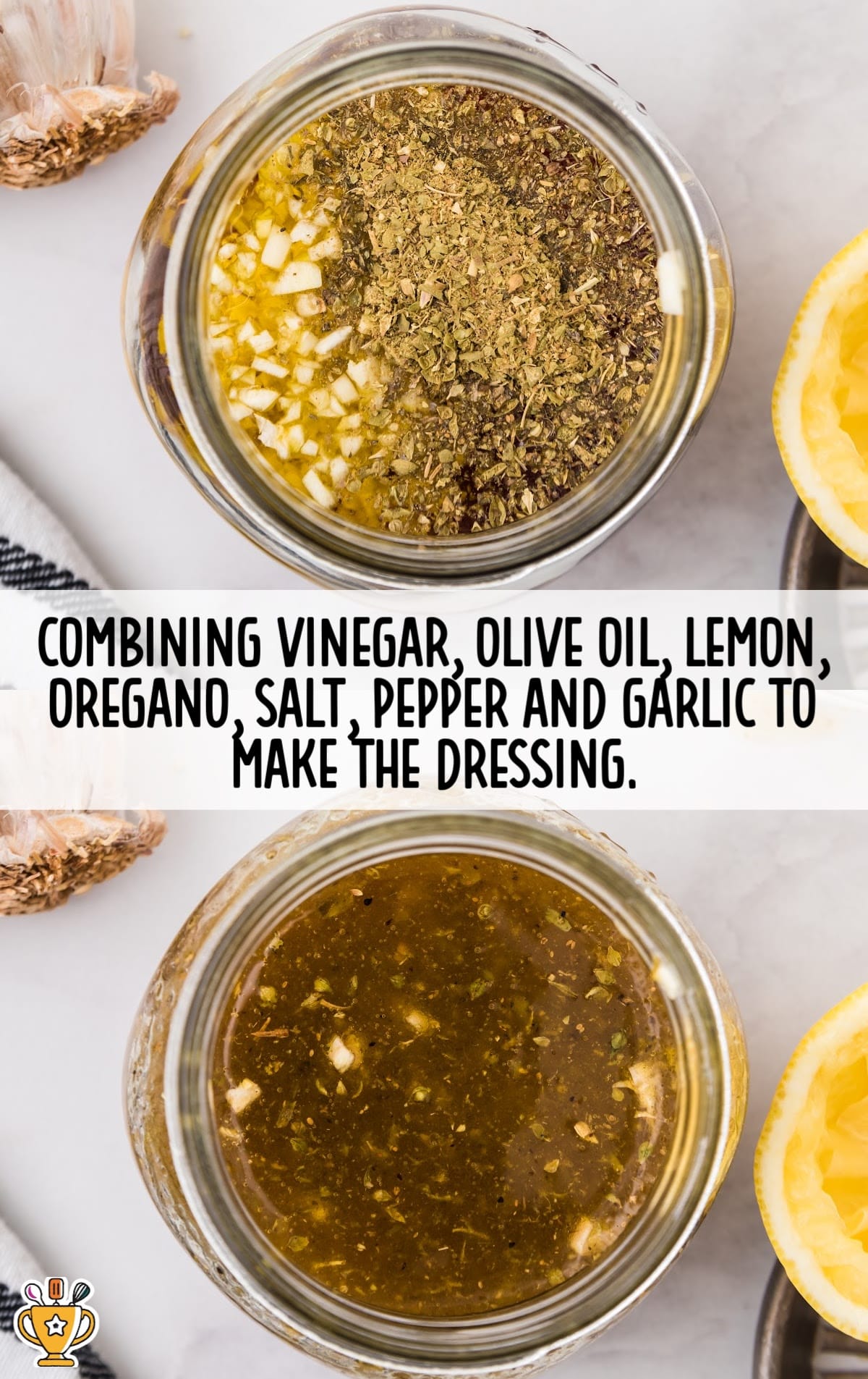 combine vinegar, olive oil, lemon, oregano, salt, pepper, and garlic