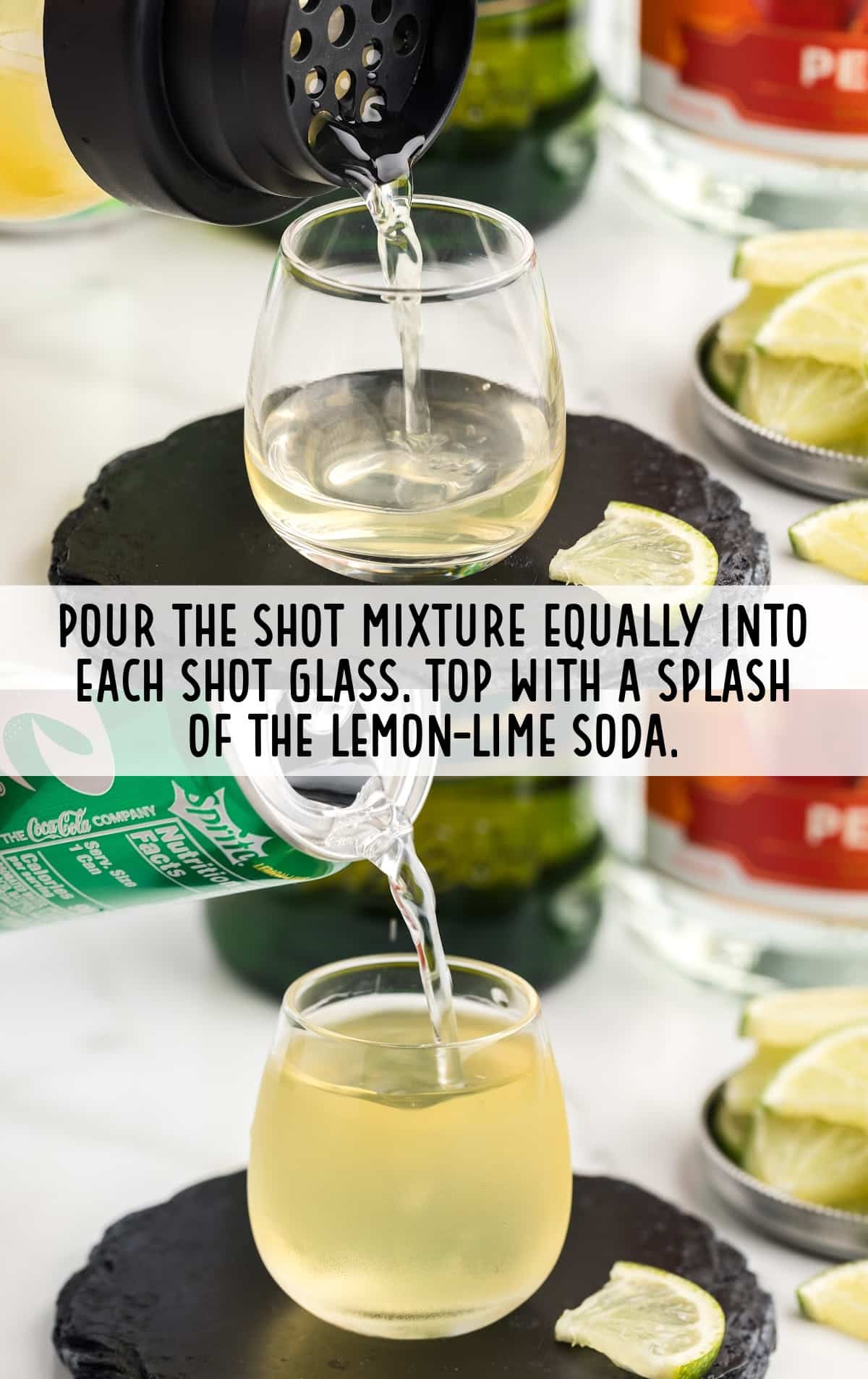 shot mixture poured into shot glass and splashed with lemon lime soda