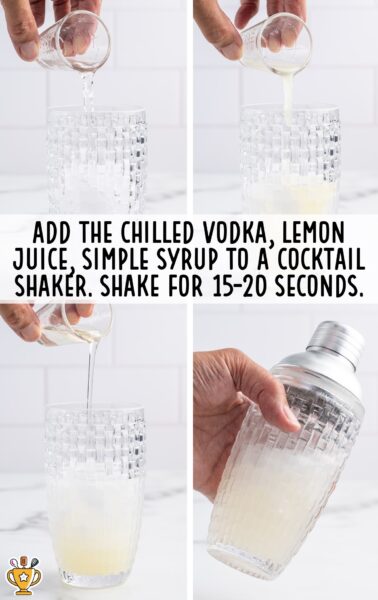 vodka, lemon juice, and simple syrup added to a cocktail shaker
