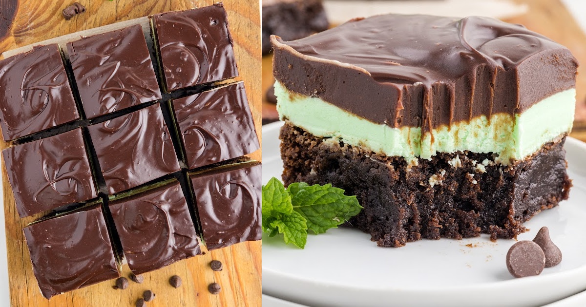 close up shot of a slice of Mint Chocolate Brownies with a mint leaf on a plate