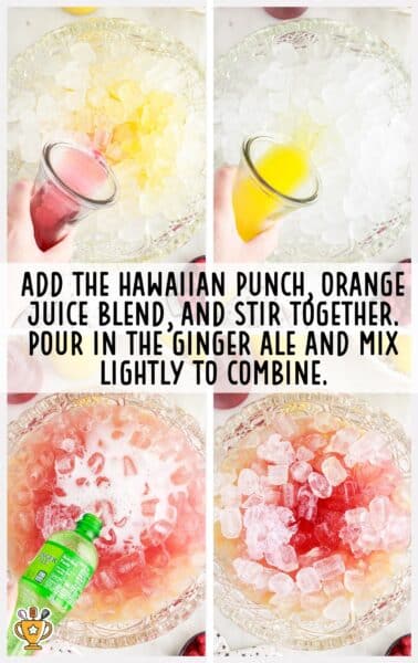 Hawaiian Punch and orange juice blend added to the punch bowl of ice