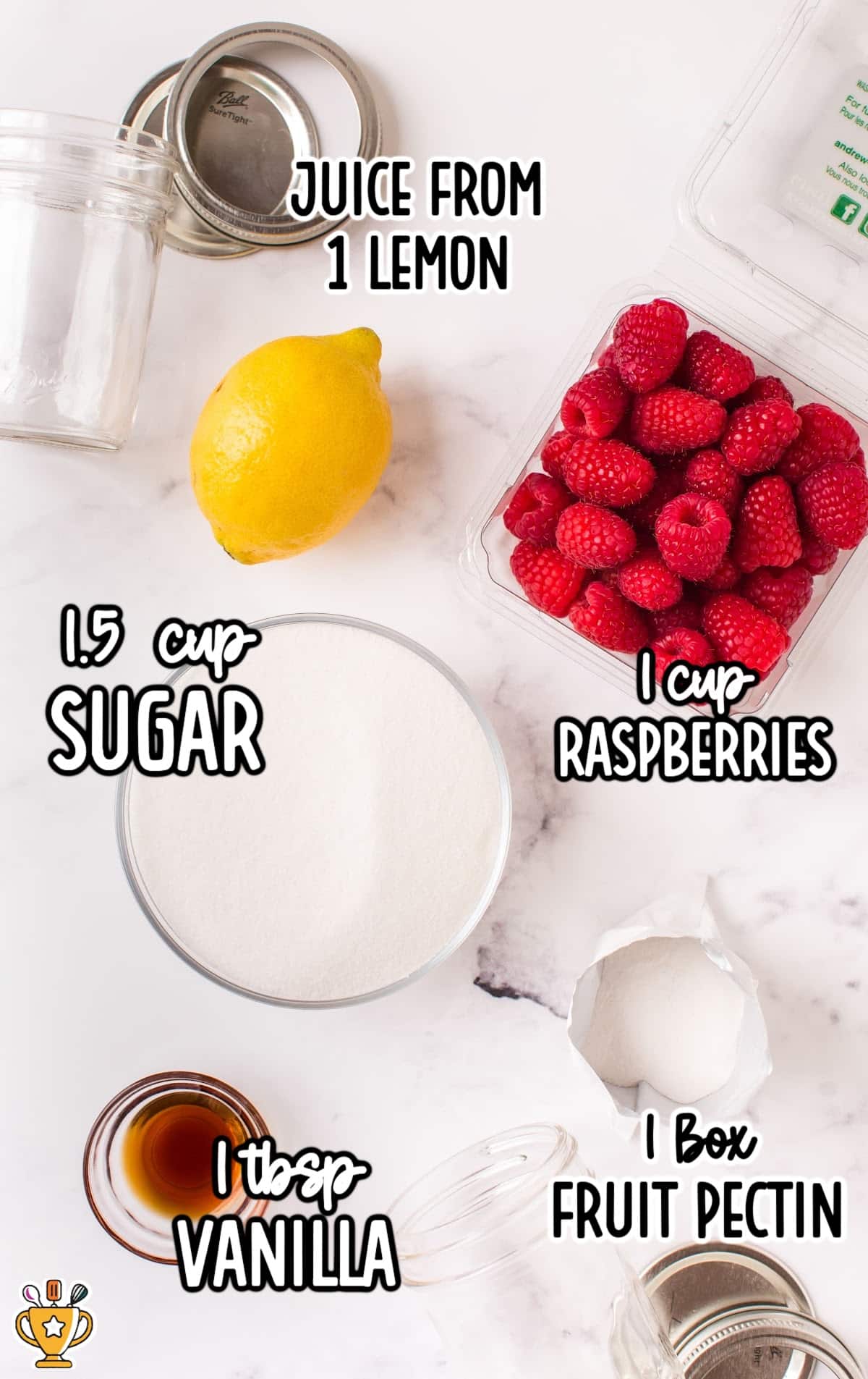 Raspberry Freezer Jam raw ingredients that are labeled