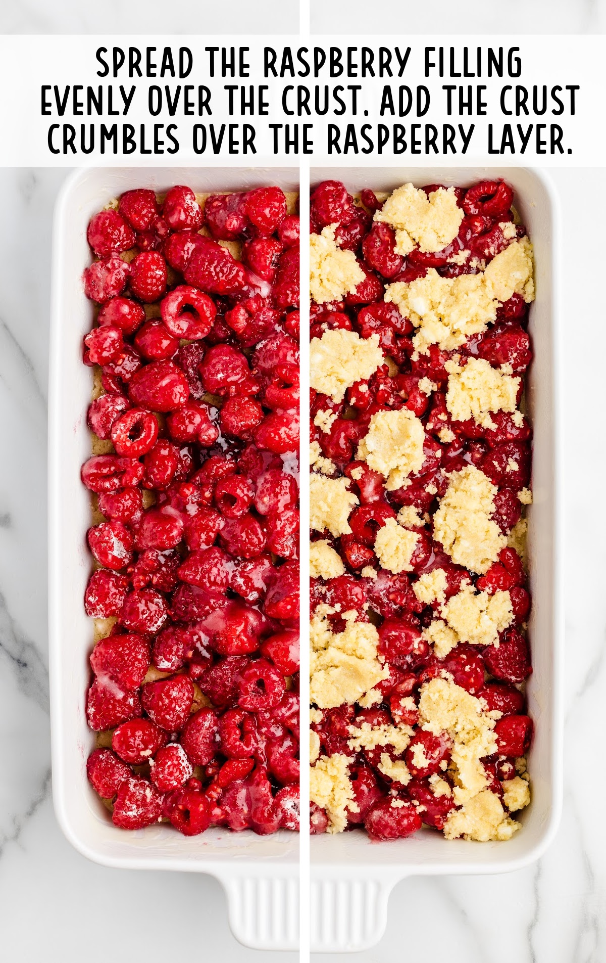 raspberry filling spread over the crust and then topped with crust crumbles