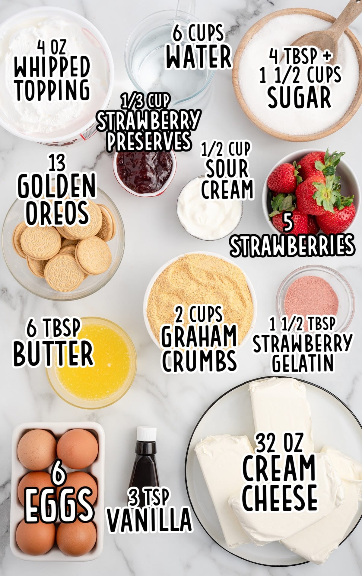 ingredients for Strawberry Crunch Cheesecake laid out and labeled with measurements