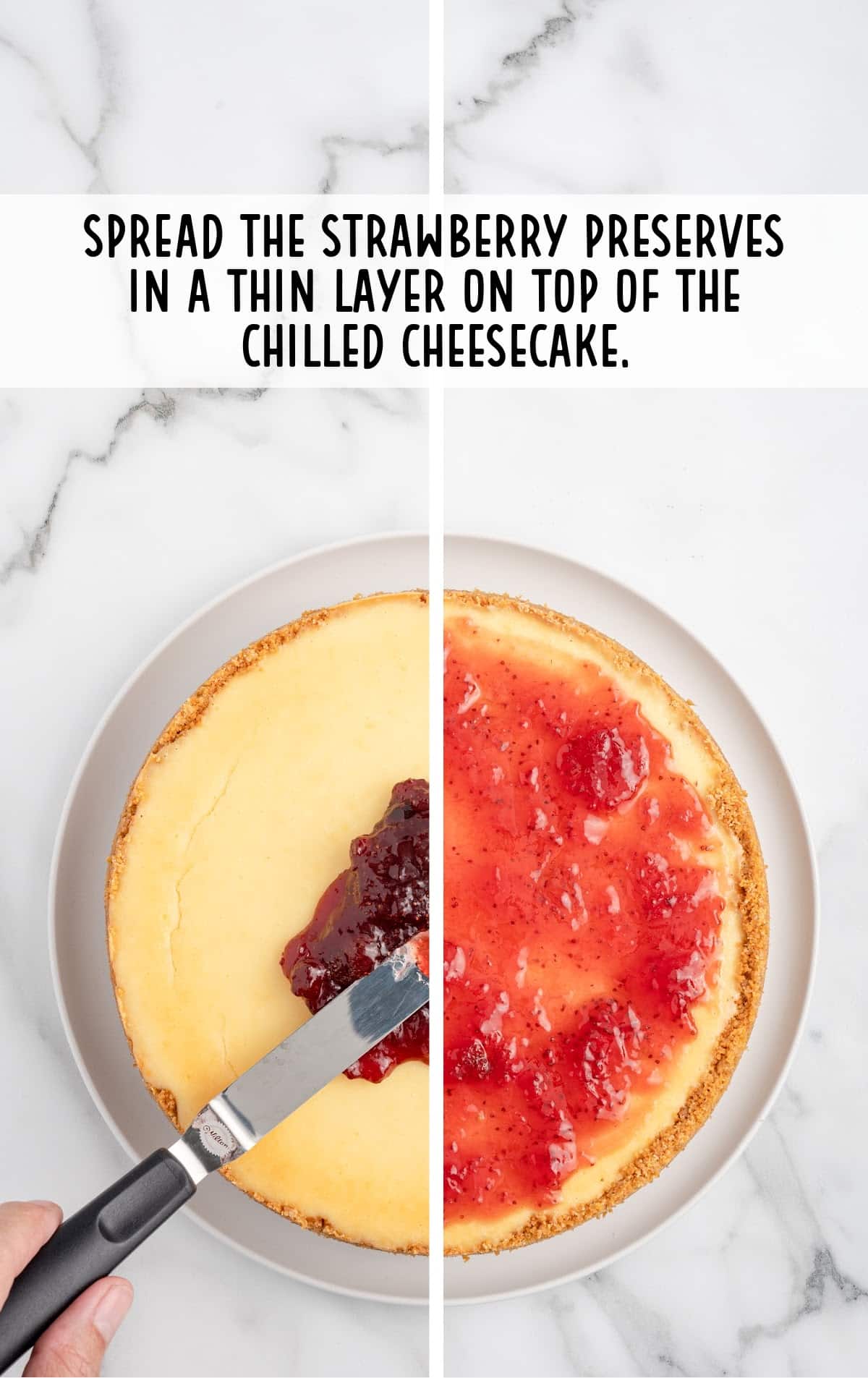 spreading strawberry preserves on top of baked cheesecake