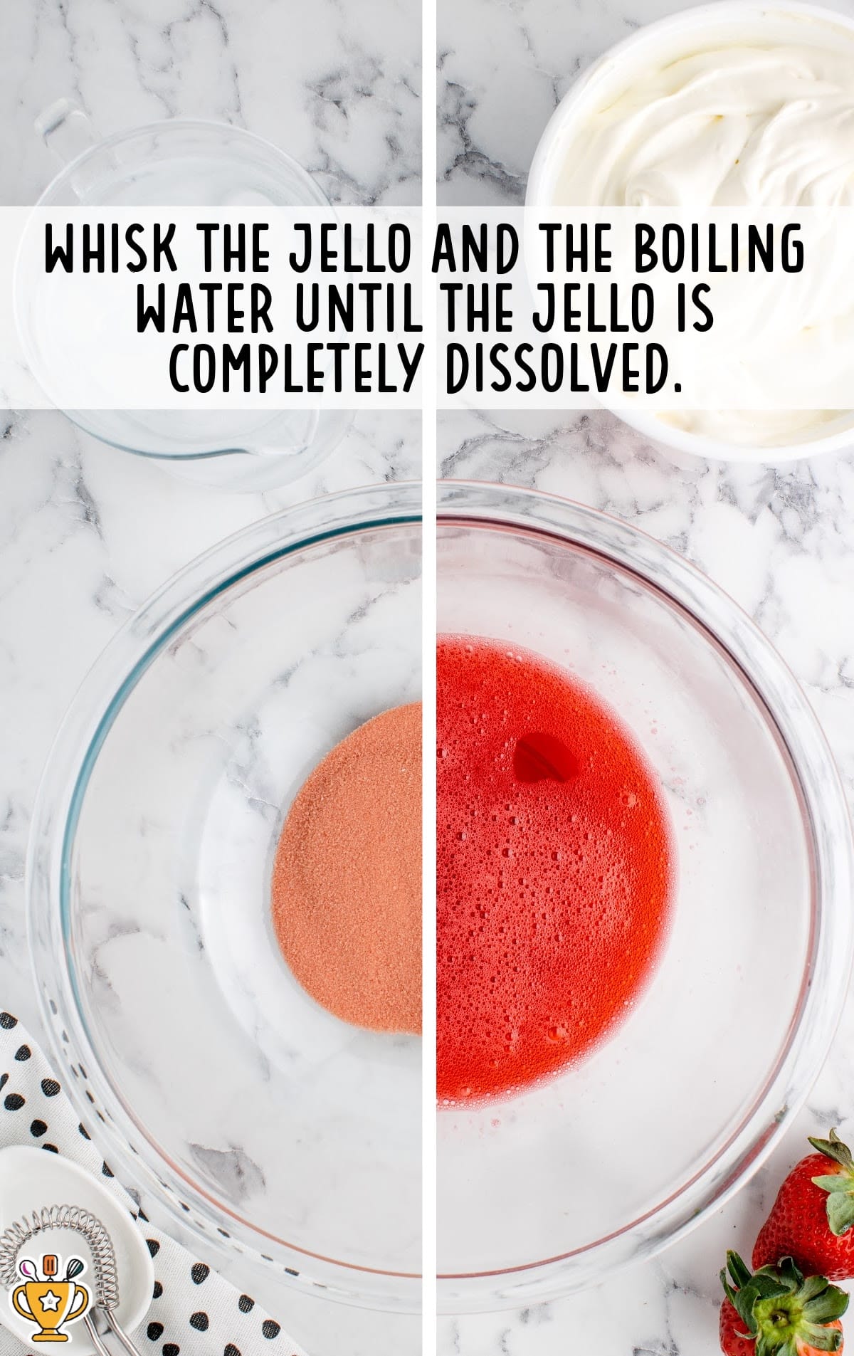 jello and boiling water whisked in a bowl
