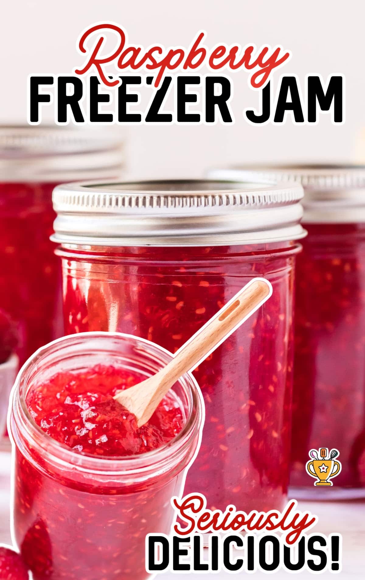 close up shot of a jar of Raspberry Freezer Jam