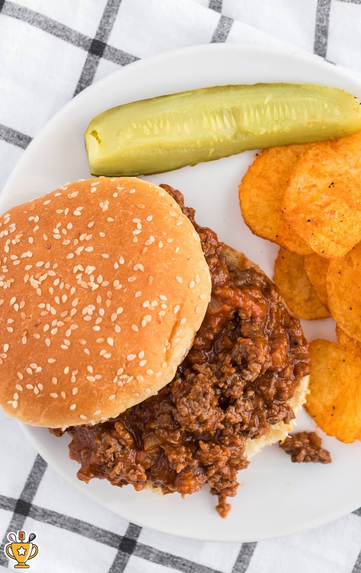 sloppy Joe sandwich with a pickle and chips