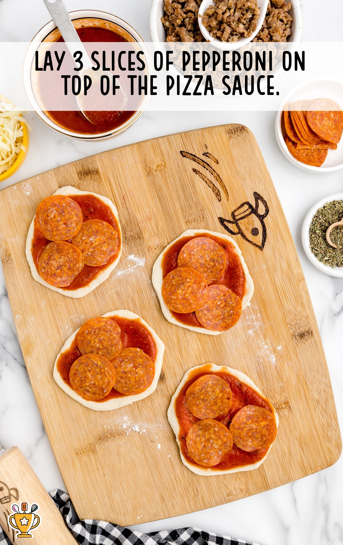 pizzas topped with pepperoni slices on a wooden board