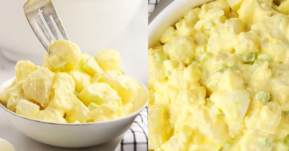 close up overhead shot of a bowl of Potato Salad