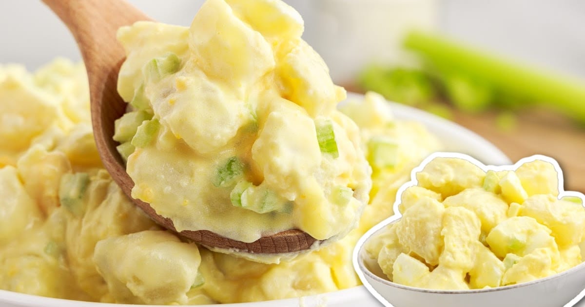 close up overhead shot of a bowl of Potato Salad