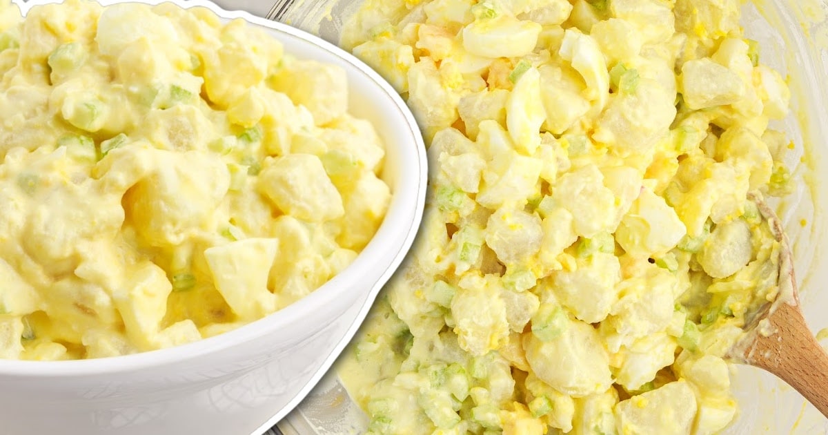 close up overhead shot of a bowl of Potato Salad