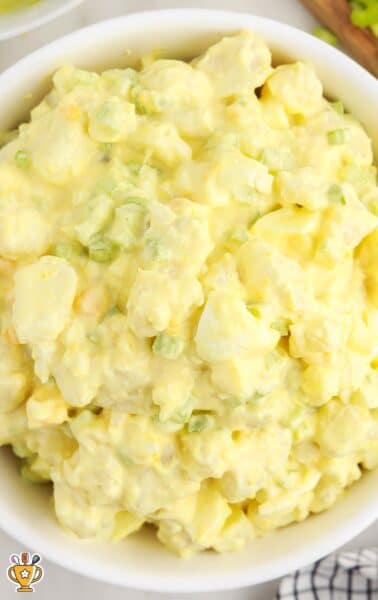 close up overhead shot of a bowl of Potato Salad