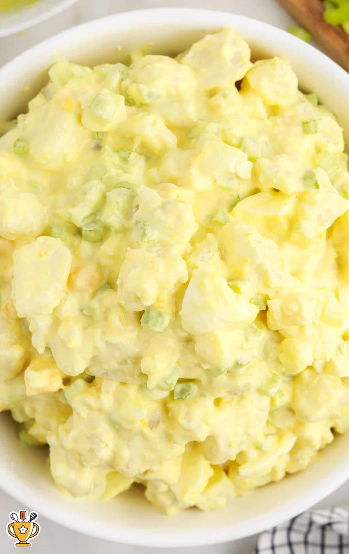 close up overhead shot of a bowl of Potato Salad