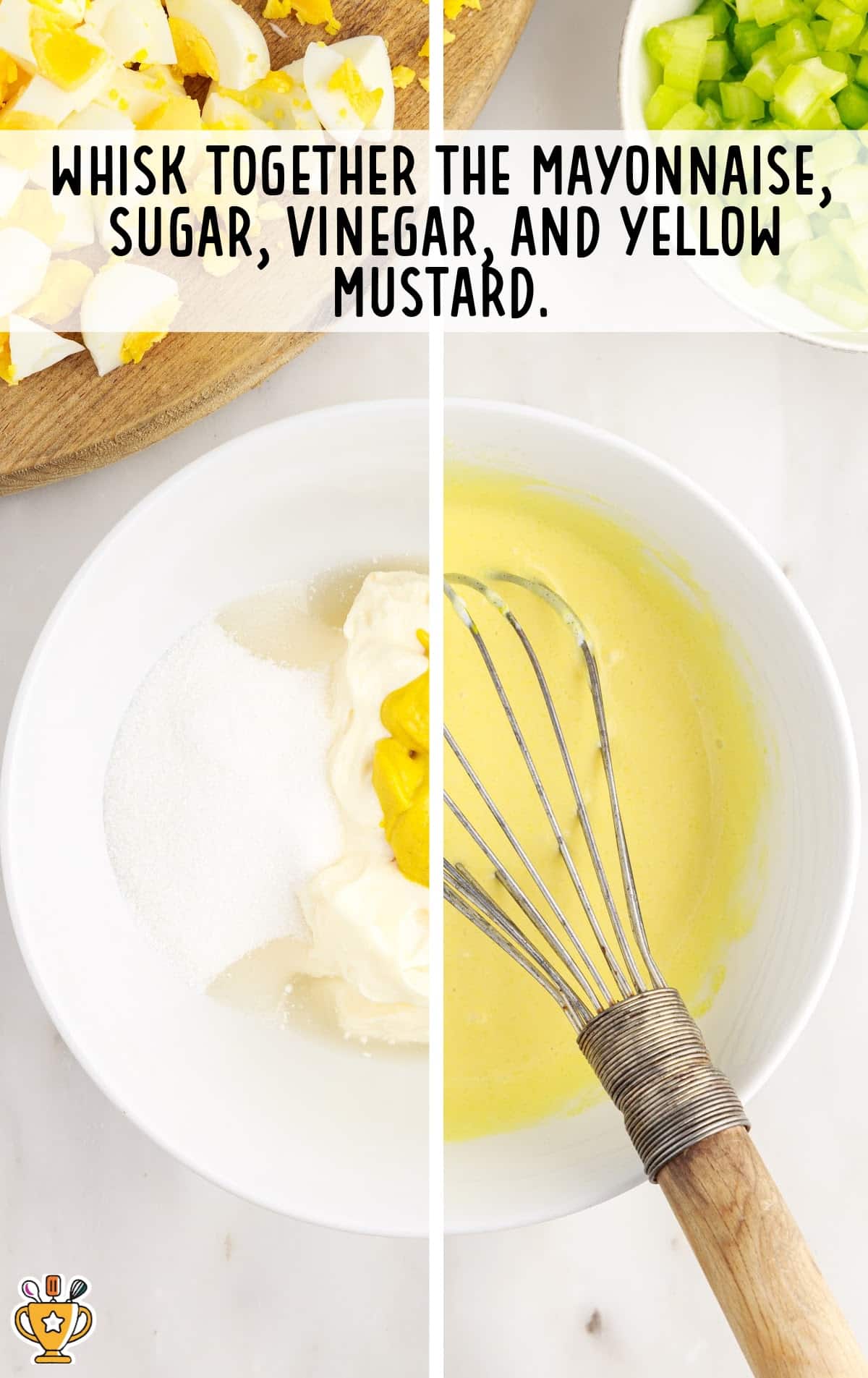 mayonnaise, sugar, vinegar, and yellow mustard whisked together